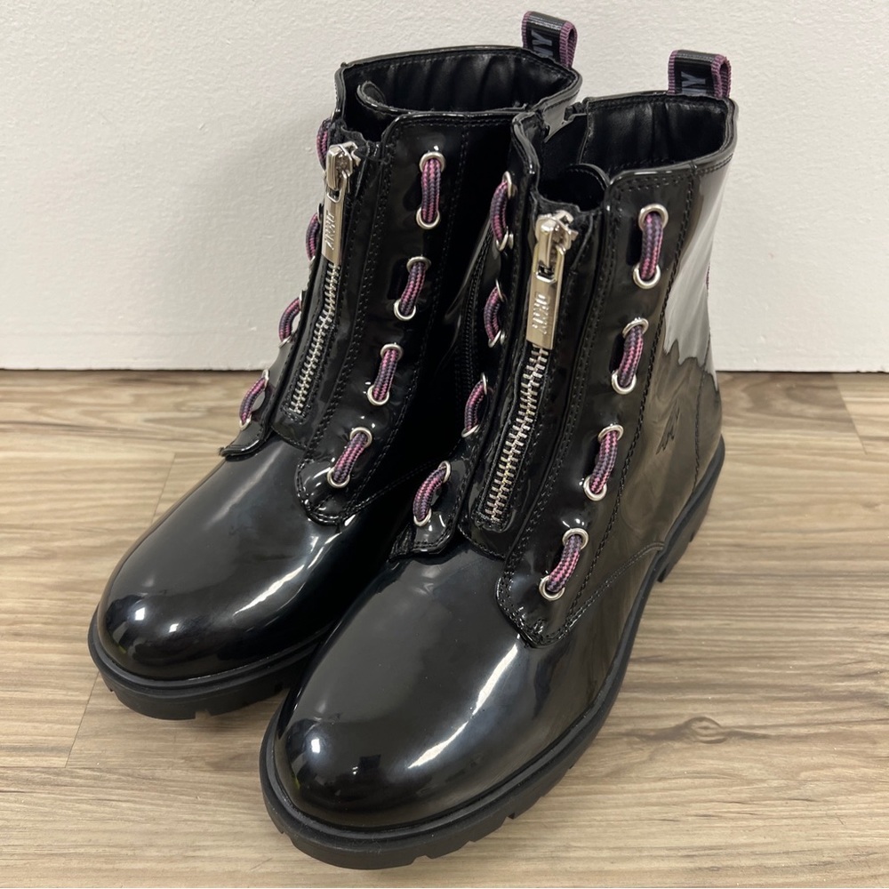 DKNY Youth Glossy Patent Zip Up Combat Boots Size 2Y DKN708KK NWOB